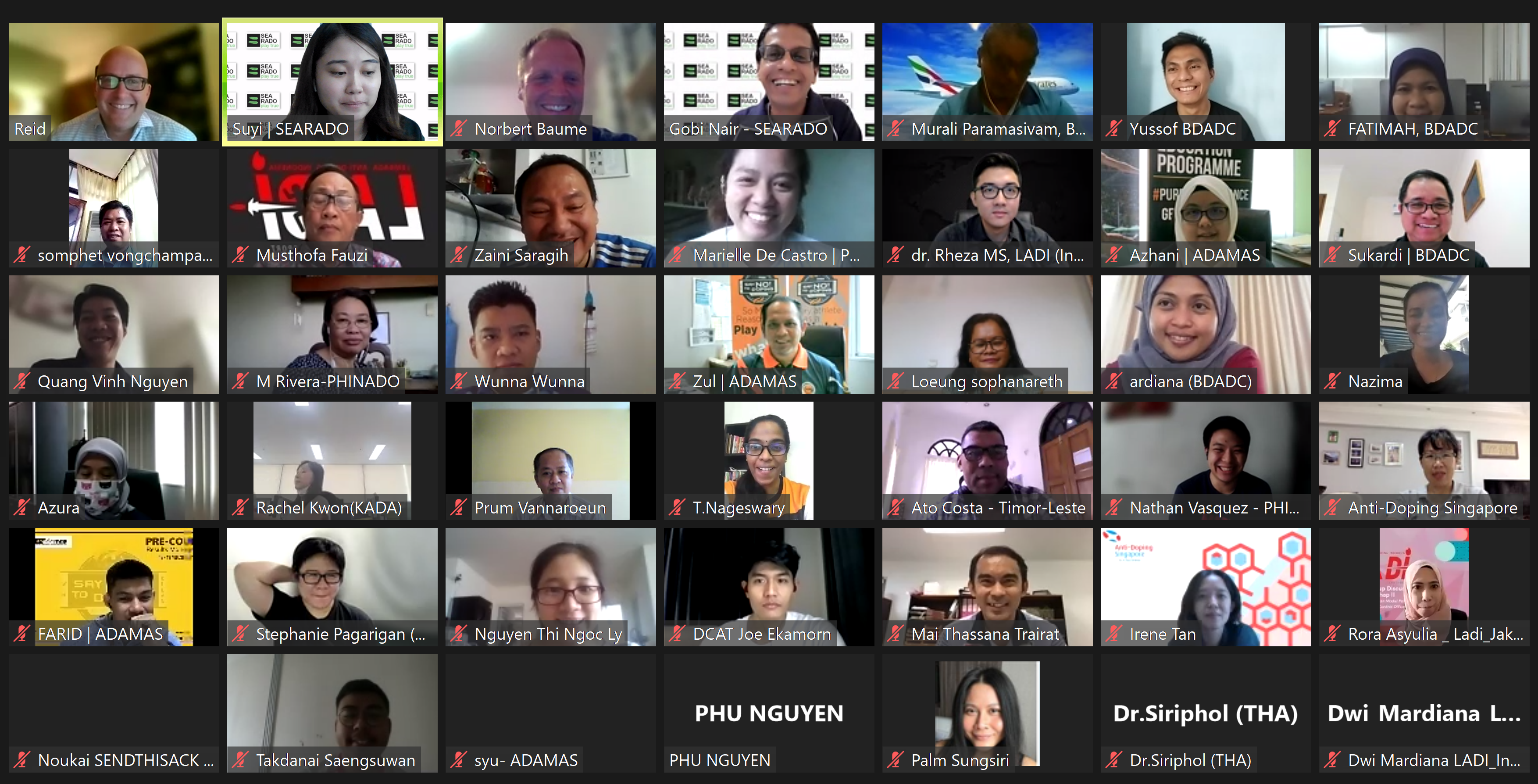 Video call gallery view with many participants in a grid; most cameras on with blurred faces and name labels.